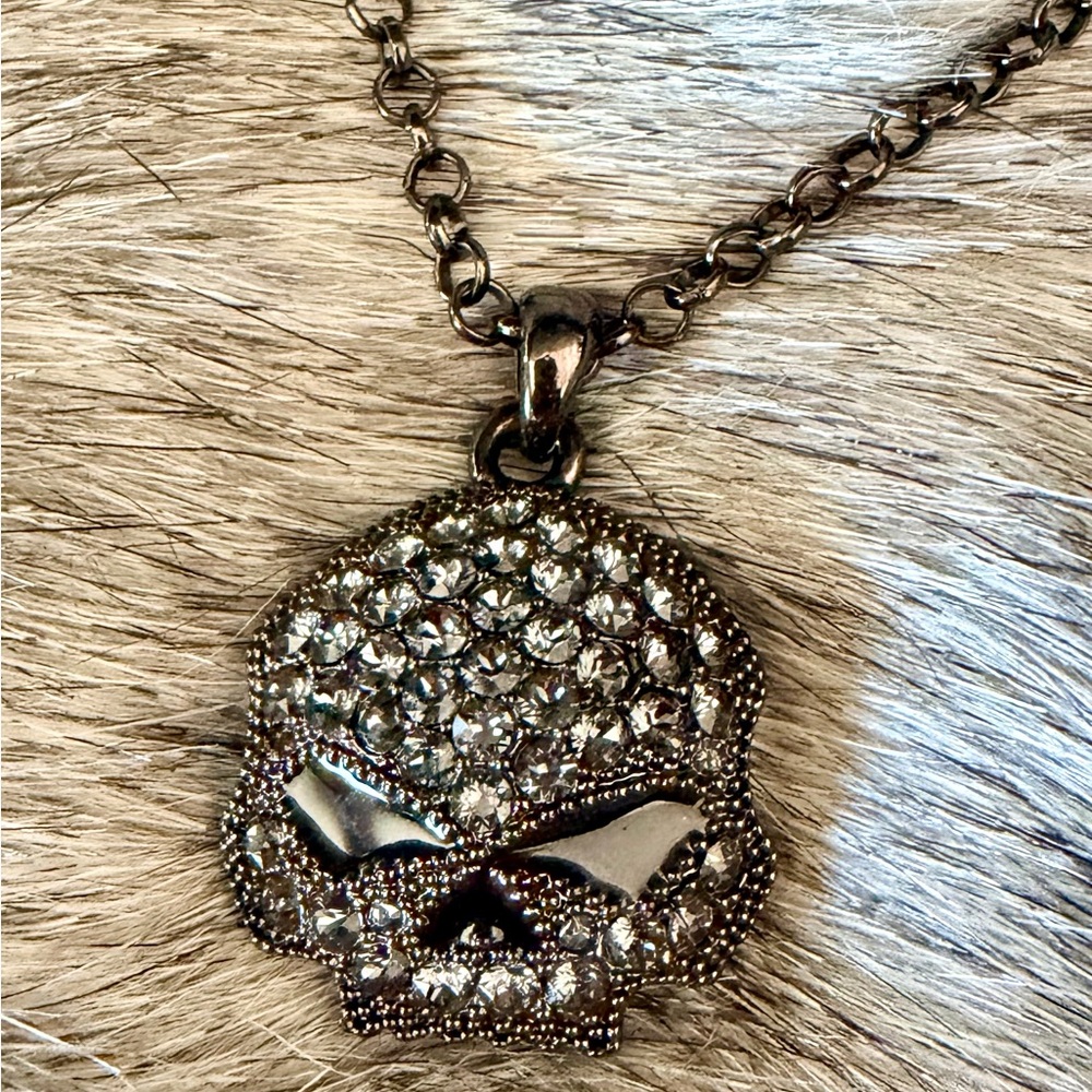 Harley-Davidson Gunmetal Crystal Skull Pendant Necklace